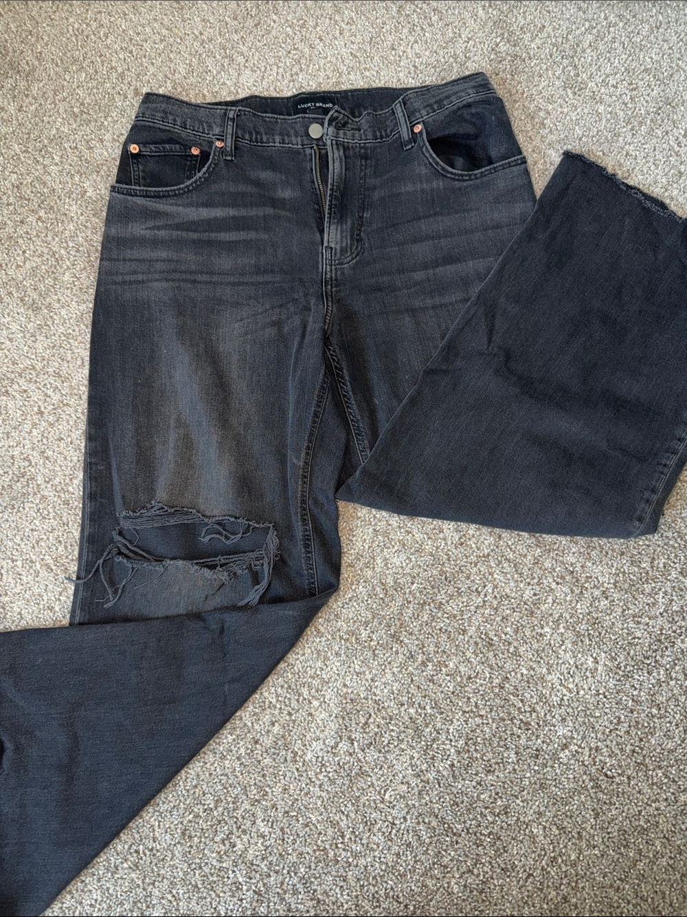 Lucky Brand Women's Black Flare Jeans with Knee Distress